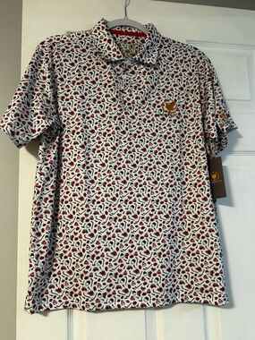 Boys Golf Shirt White with Red and Black Floral Print